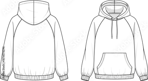 Men's hoodie technical drawing, oversized hooded sweatshirt flat sketch, front and back view, casual streetwear vector illustration, clothing design template, isolated on white background.