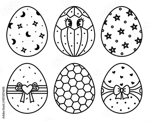 Black line decorated whimsical Easter eggs with different patterns, vector icon set. Monochrome outline signs. Creative festive linear pictograms, cute cliparts