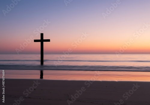 Wallpaper Mural Seaside Silhouette: Cross in Calm Waters at Dawn Torontodigital.ca