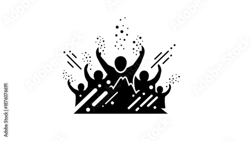 People celebrate success with arms raised in black silhouette