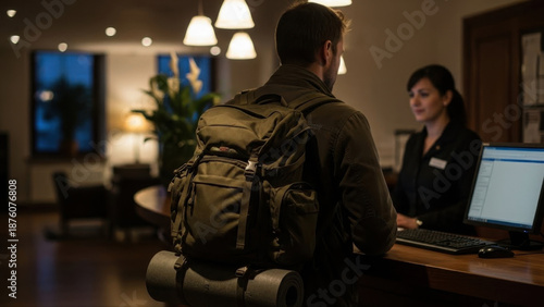 Man checking in at hotel front desk with backpack, engaging with receptionist in warmly lit lobby with plants and computer screen, out