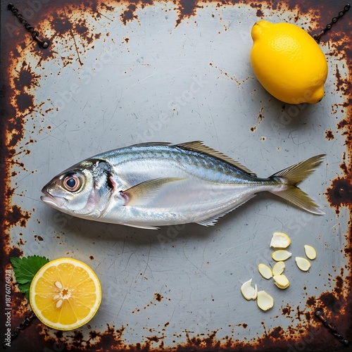 Wallpaper Mural Ocean's Bounty: Fresh Catch Still Life with Citrus & Rust Torontodigital.ca