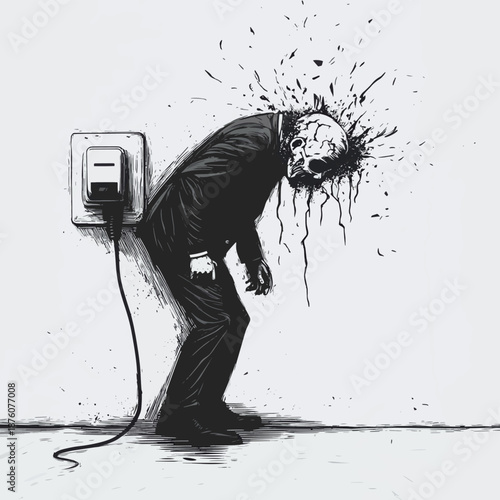 businessman pulling giant plug from socket, disconnection, burnout, or breaking free sketch engraving generative ai fictional character vector illustration