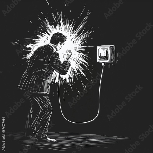 businessman pulling giant plug from socket, disconnection, burnout, or breaking free sketch engraving generative ai fictional character vector illustration