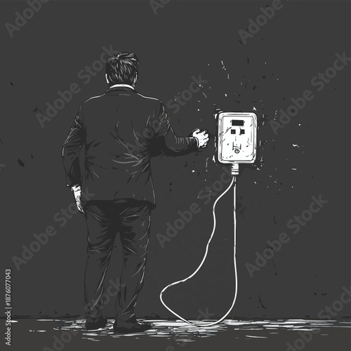 businessman pulling giant plug from socket, disconnection, burnout, or breaking free sketch engraving generative ai fictional character vector illustration