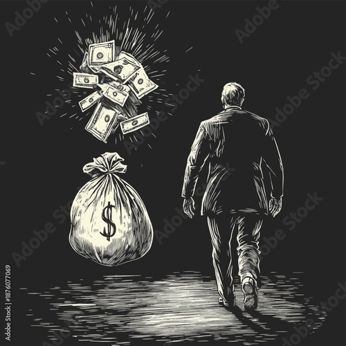 businessman walking toward a glowing money bag and skeleton clings to his back, symbolizing greed and mortality sketch engraving generative ai vector illustration