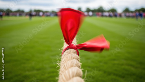 Close-up of a rope with a red ribbon as a group prepares for tug of war on a green field, with blurred background of participants and cloudy sky, playing