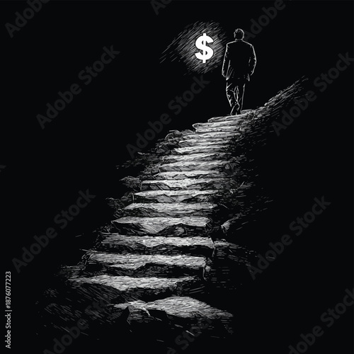 businessman ascending rocky steps toward a glowing dollar sign, symbolizing success and ambition sketch engraving generative ai fictional character raster illustration