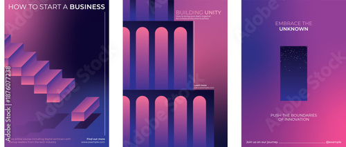 Abstract business posters with pink and purple gradients. Emphasize innovation and unity. Modern design with stairs and arches. Business theme in pink and purple. Gradient innovative business posters.