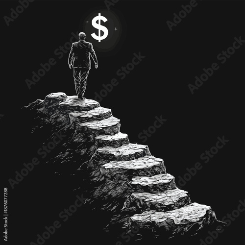 businessman ascending rocky steps toward a glowing dollar sign, symbolizing success and ambition sketch engraving generative ai fictional character raster illustration