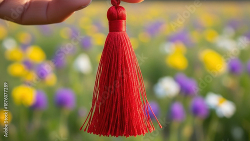 Hands gently holding mala beads with a vibrant red tassel outdoors, against a colorful blurred background of blooming wildflowers in a sunny field