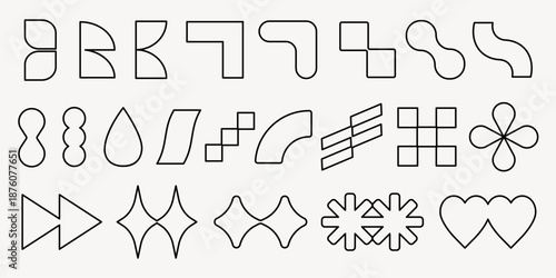 Vector elements. Abstract geometric shapes in black outline. Curves, lines, and angles form diverse patterns. Geometric shapes repeat in various abstract designs. Black shapes, vector element set.