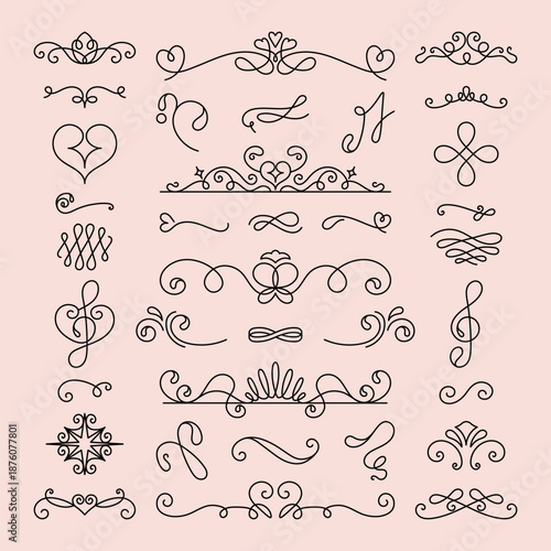 Vector set. Elegant decorative swirls and flourishes in black on a soft pink background. Ornamental swirls, decorative elements, and flourishes for design accents. Hand drawn ornament vector set.