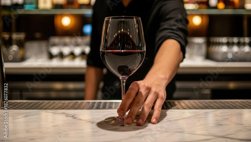 Guest holding a glass of red wine at a stylish hotel bar with a marble countertop and warm lighting ambiance