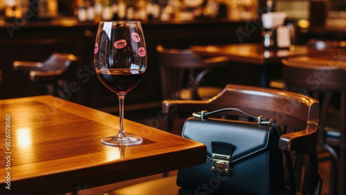 Guests glass of wine with lipstick marks on a wooden table in a cozy hotel bar, featuring warm lighting and elegant decor, with a purse on a chair nearby, holding