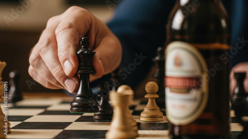 Friends enjoying drinks while playing an intense game of chess, close-up of hand moving black queen on chessboard, warm lighting, blurred background