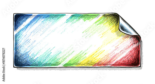 Glossy paper label with colorful gradient design, featuring a curled corner, isolated on a white background, highlighting vibrant artistic brush strokes