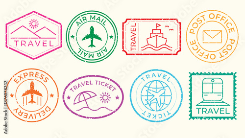 Colorful travel stamps with planes, ships, and trains. Travel-themed designs include air mail, express delivery, and post office motifs. Colorful stamps, vector set.