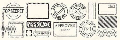 Collection of postal stamps with 'approved', 'rejected', and 'top secret' labels. Includes post office and envelope designs. Vintage stamp style. Black stamps, vector set.