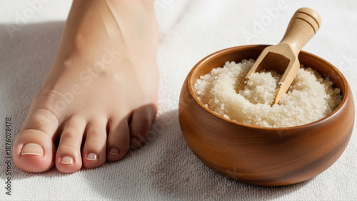 Foot resting beside a wooden bowl filled with exfoliating scrub on a soft white towel, showcasing a serene spa setting with natural light and textures