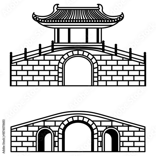 Oriental Stone Bridge and Pavilion Ilustration.