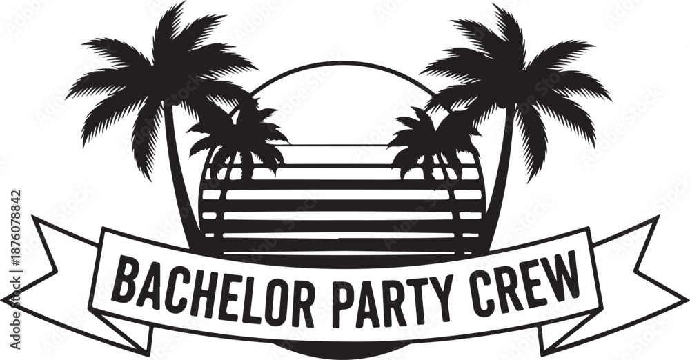 Obraz premium Black silhouette of palm trees and beach scene with banner reading Bachelor Party Crew