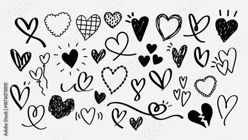 A set of hand-drawn hearts in various styles. Doodles of hearts, love symbols, and heart shapes fill the image. Heart sketches and heart art in black and white. Hand drawn Valentine's Day vector.