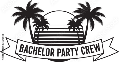 Black silhouette of palm trees and beach scene with banner reading Bachelor Party Crew