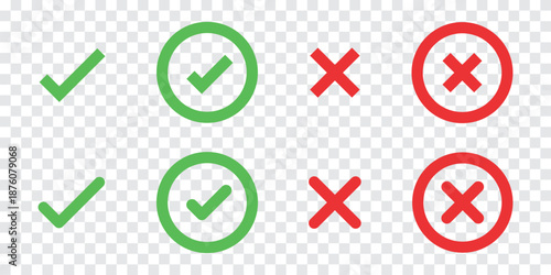 Green check marks and red X marks on a transparent background. Check marks indicate approval, while X marks signify disapproval. Symbols for correct and incorrect. Vector element set.