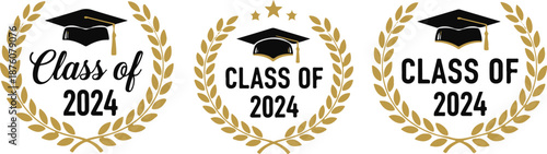 Graduation badges with laurel wreaths and graduation caps
