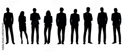 Silhouettes of diverse business professionals standing in a row. Formal attire, diverse group, business setting. Silhouettes emphasize unity and professionalism. People silhouettes, vector set.