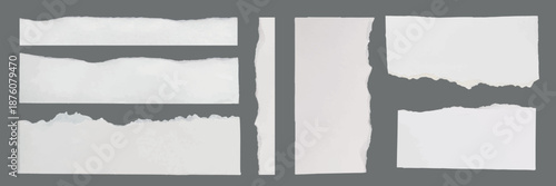 Collection of torn paper strips. Torn edges, white paper, rough texture. Perfect for scrapbooking, collage, or design. Torn paper for creative projects. Ripped paper element set. Vectors.