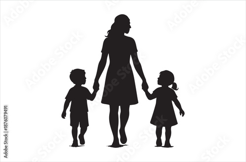 silhouette of a woman and two children holding hands