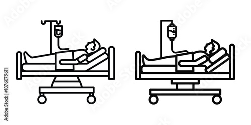 Medical hospital beds with iv drips in simple line drawing style illustration