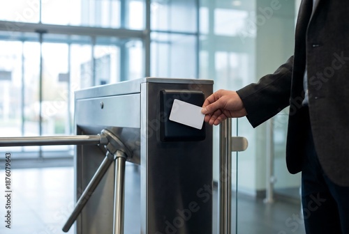 Worker hand holds proximity card for identification on a security access control system with turnstile. Modern office building entrance.