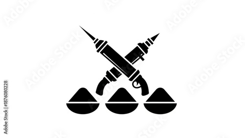 Black graphic of crossed syringes with three filled capsules