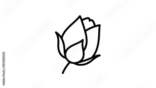 Black line art lotus flower with leaves on white background