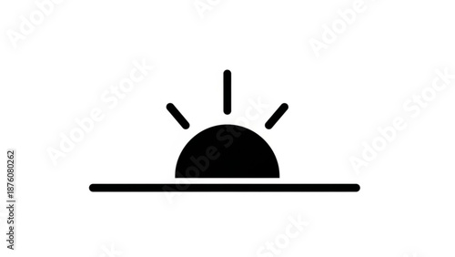 Simple black sun icon rising over horizon line on white background