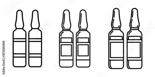 set of medicine bottles. Set of medical ampoules or vials in a simple black and white line drawing style
