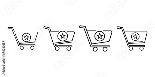 Set of hand drawn shopping carts with star icons in a doodle style. shopping cart icon.