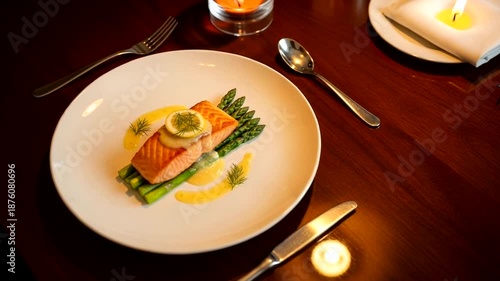 Fine Dining Salmon Dish with Asparagus and Lemon.