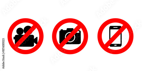 Photo, video and phone prohibition symbol sign set. No photographing and filming prohibit icon isolated on white background.