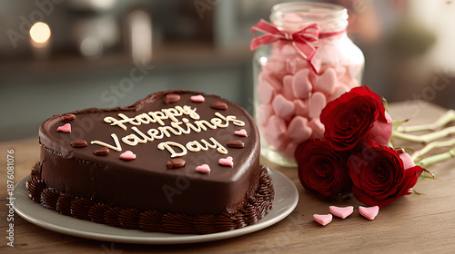 Happy Valentine's Day. A chocolate cake with the message 