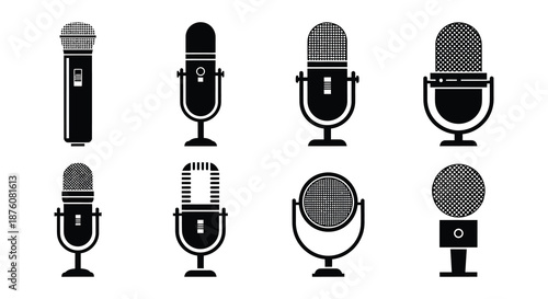 Collection of various microphone types and designs in black and white