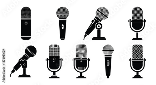Collection of various microphone types and designs in black and white
