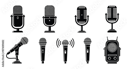 Collection of various microphone types and designs in black and white