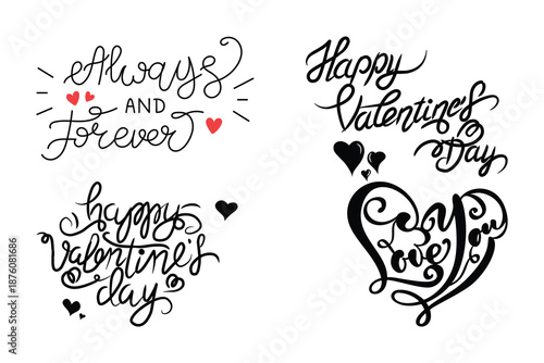 Handwritten Love Quote Typography Set with Romantic Lettering and Heart Elements