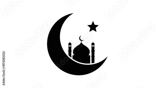 Black mosque silhouette with crescent moon and star on white