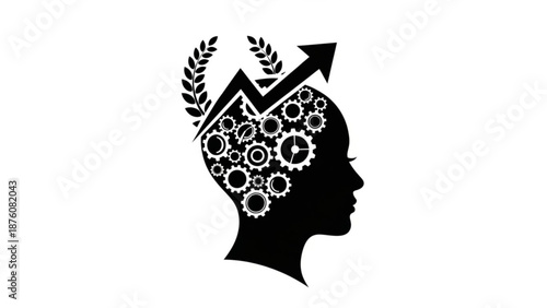 Black silhouette of a human head with gears and an upward arrow