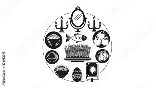 Traditional jewish seder plate symbols on round platter with candles